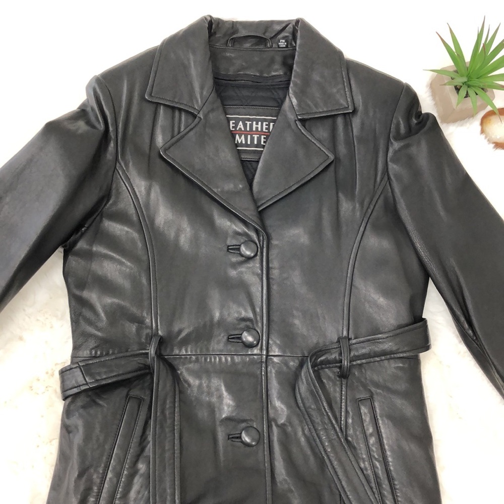Leather Limited Black Leather Trench Coat Long Jacket Size Medium Petite